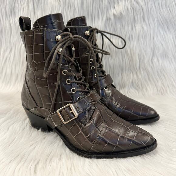 ALLSAINTS Katy Croc Ankle Boots Leather Lace Up Buckle Pointed Toe Heeled, Brown - Picture 4 of 14